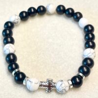 Bracciale elastico per uomo in agata screziata bianca e legno di ebano
